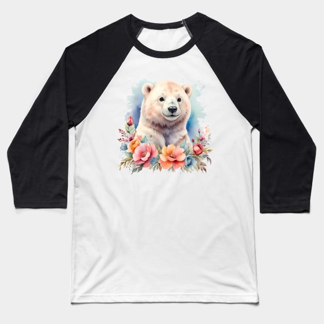 A polar bear decorated with beautiful watercolor flowers Baseball T-Shirt by CreativeSparkzz